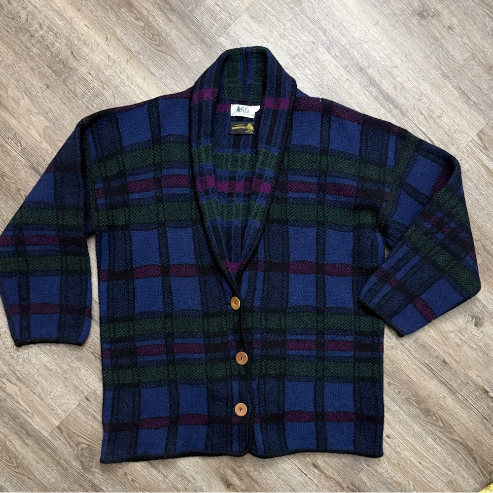 VTG REI • Wool Plaid Shawl Collar Cardigan Sweater